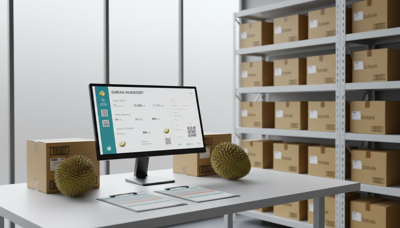A streamlined digital inventory dashboard displayed on a slim, modern monitor atop a pristine matte-white counter, surrounded by barcoded durian boxes and clipboards with color-coded stock sheets. Behind, neatly stacked durian cartons line crisp industrial shelving. Diffused afternoon sunlight filters through frosted glass panels, providing gentle, even lighting while reducing glare. The camera angle is slightly elevated, employing the rule of thirds for balance and a generous depth of field, creating both order and visual interest. The mood is efficient and forward-thinking, with a photographic, clean corporate aesthetic that highlights technological integration in durian inventory management.