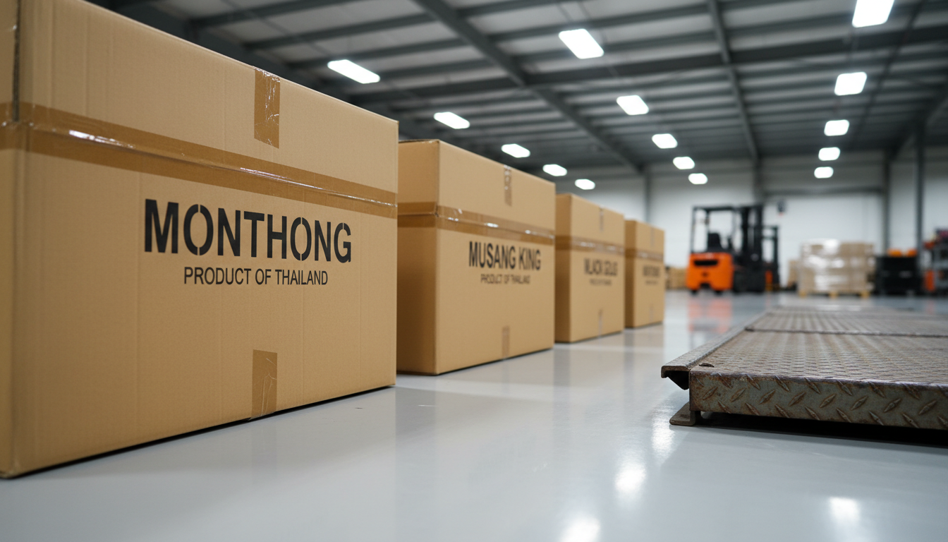A row of robust cardboard shipping boxes, each clearly stenciled with different durian variety names and sealed with professional-grade brown tape, arranged on a sparkling epoxy warehouse floor beside a sturdy metal loading dock. High overhead industrial LED lights cast a bright, neutral glow, creating defined but gentle shadows and revealing the precision of the packing job. The composition is shot from a low-angle perspective with the foreground box in sharp focus, drawing attention to careful logistics. The overall mood is dynamic yet organized, with a photographic, businesslike style that underlines the importance of precise shipment tracking in stock management.